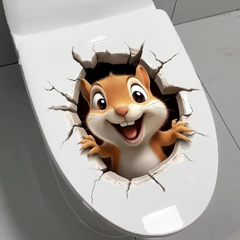 Iprokiu Cute Animal Toilet Sticker Waterproof 3D Funny Dog Cracking Toilet Seat Lid Decal Bathroom Wall Sticker Squirrel Toilet Lid Decal Home Decoration (Squirrel) - Image 2